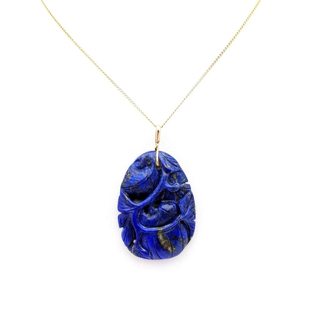 Gold Lapis Pendant, Chinese 14K Yellow Gold Carved Lapis Pumpkin Pendant, Vintag